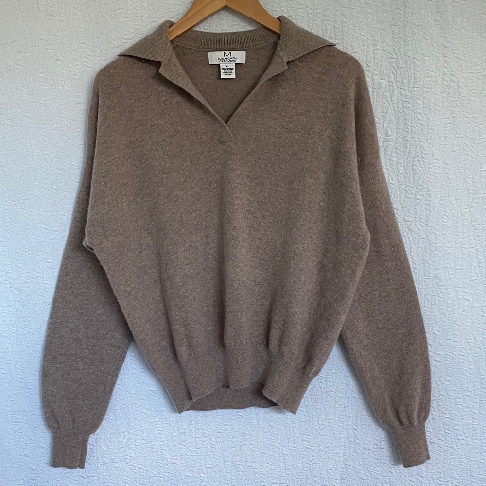 Magaschoni Cashmere Polo Light Brown V-Neck Sweater